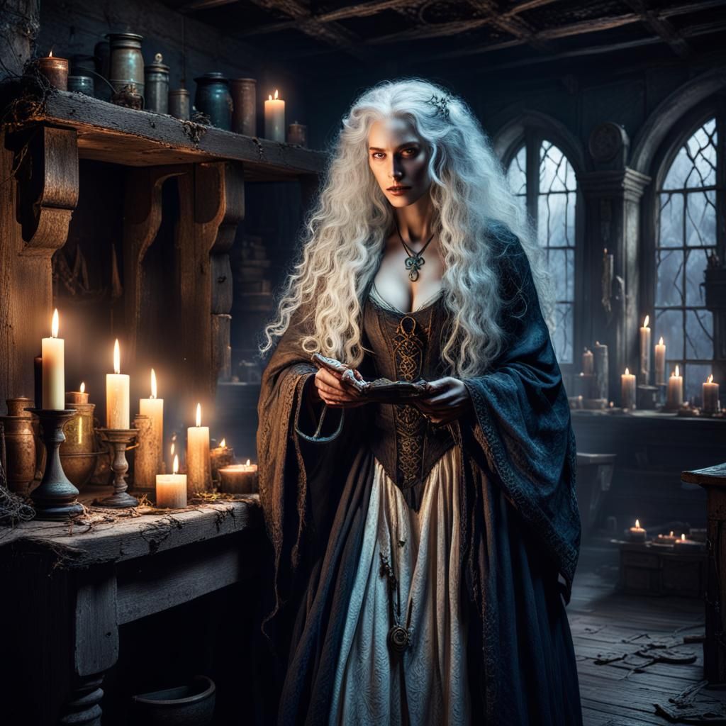 An ancient and wise beautiful sorceress casting spells