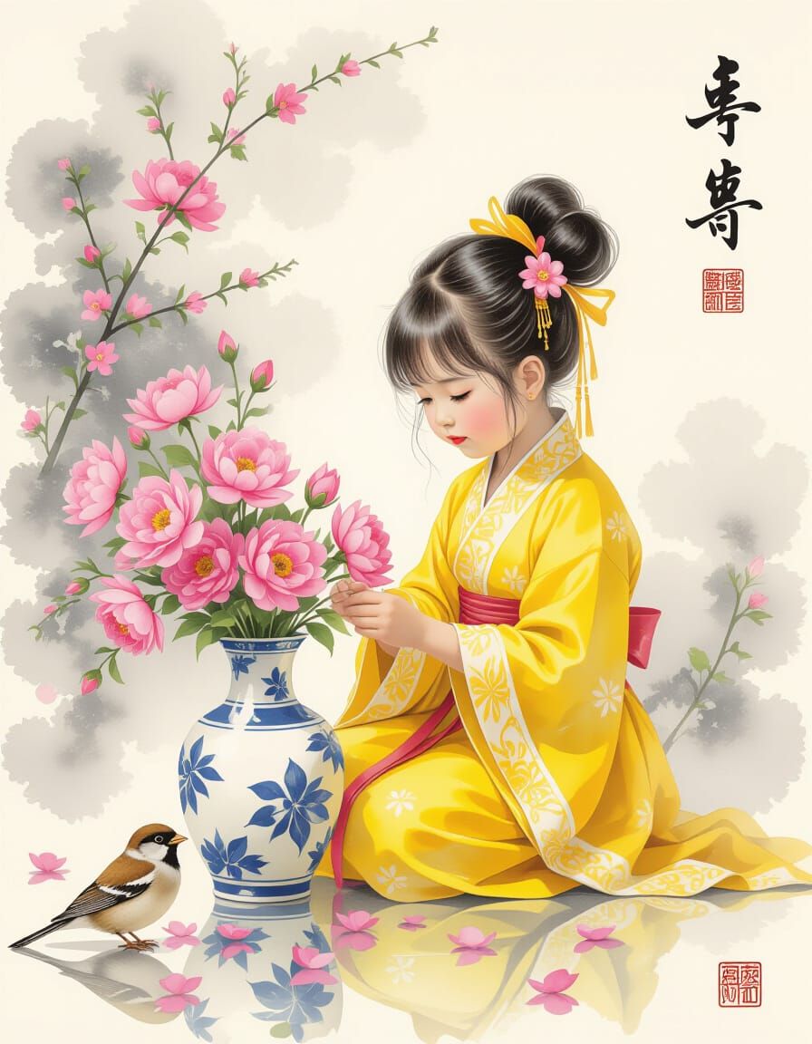 Chinese Girl Arranging Flowers in Watercolour Style