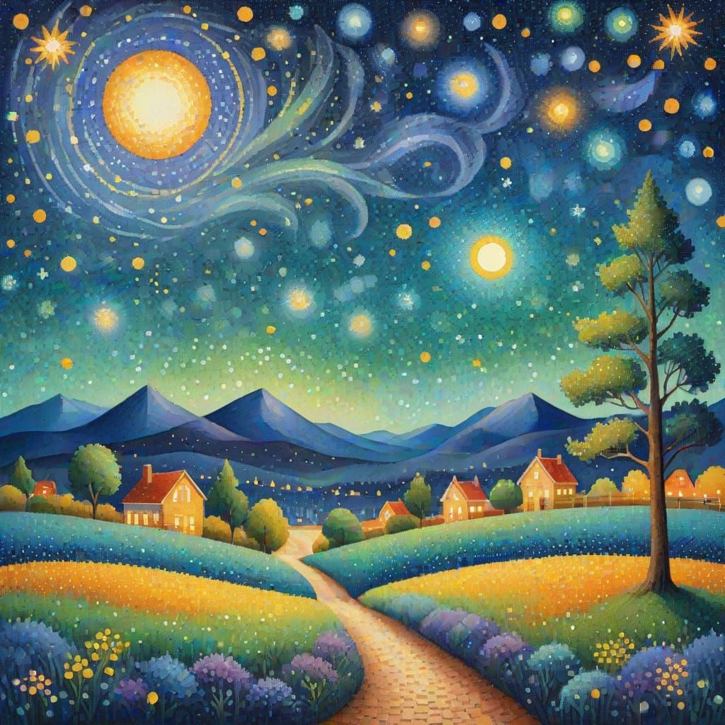 Vibrant Starry Night Sky in Pointillist Style