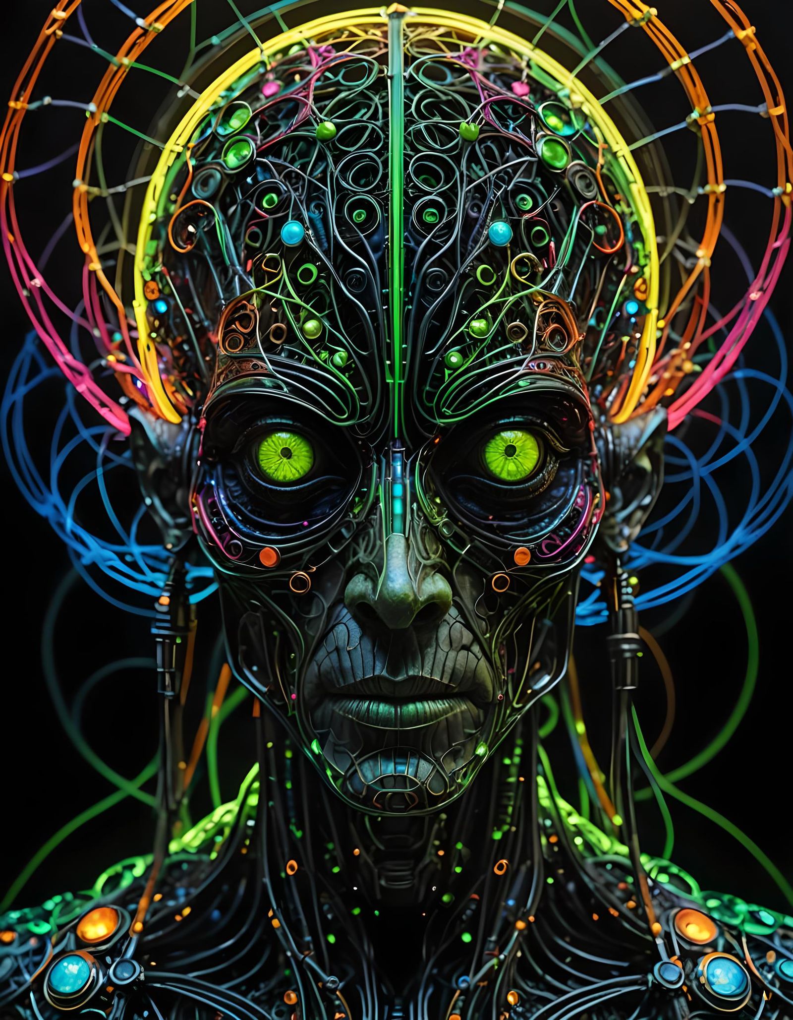 Glowing Alien Portrait in Intricate Wire Art Style