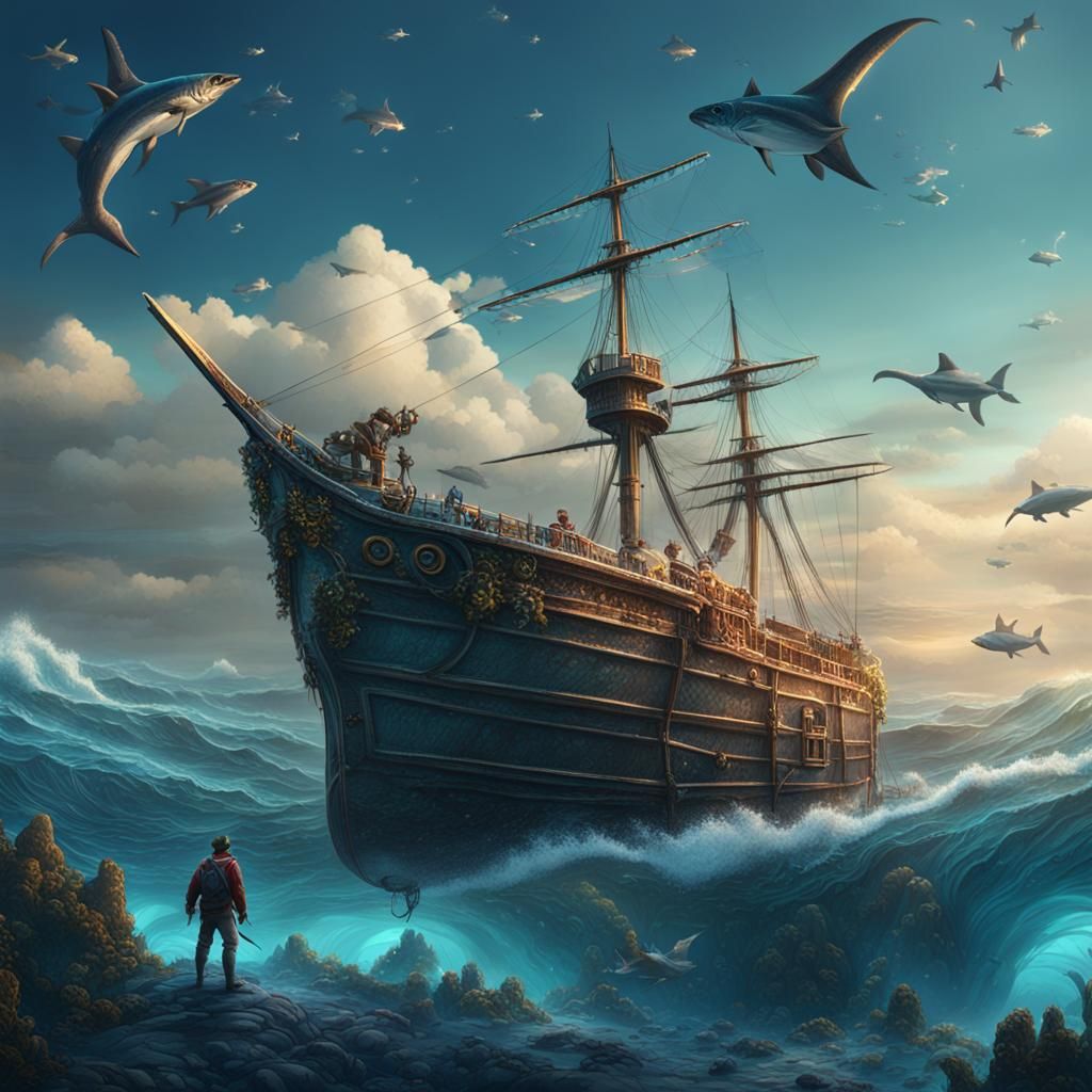 Fisherman in Pacific Ocean Scene with Intricate Fantasy Deta...