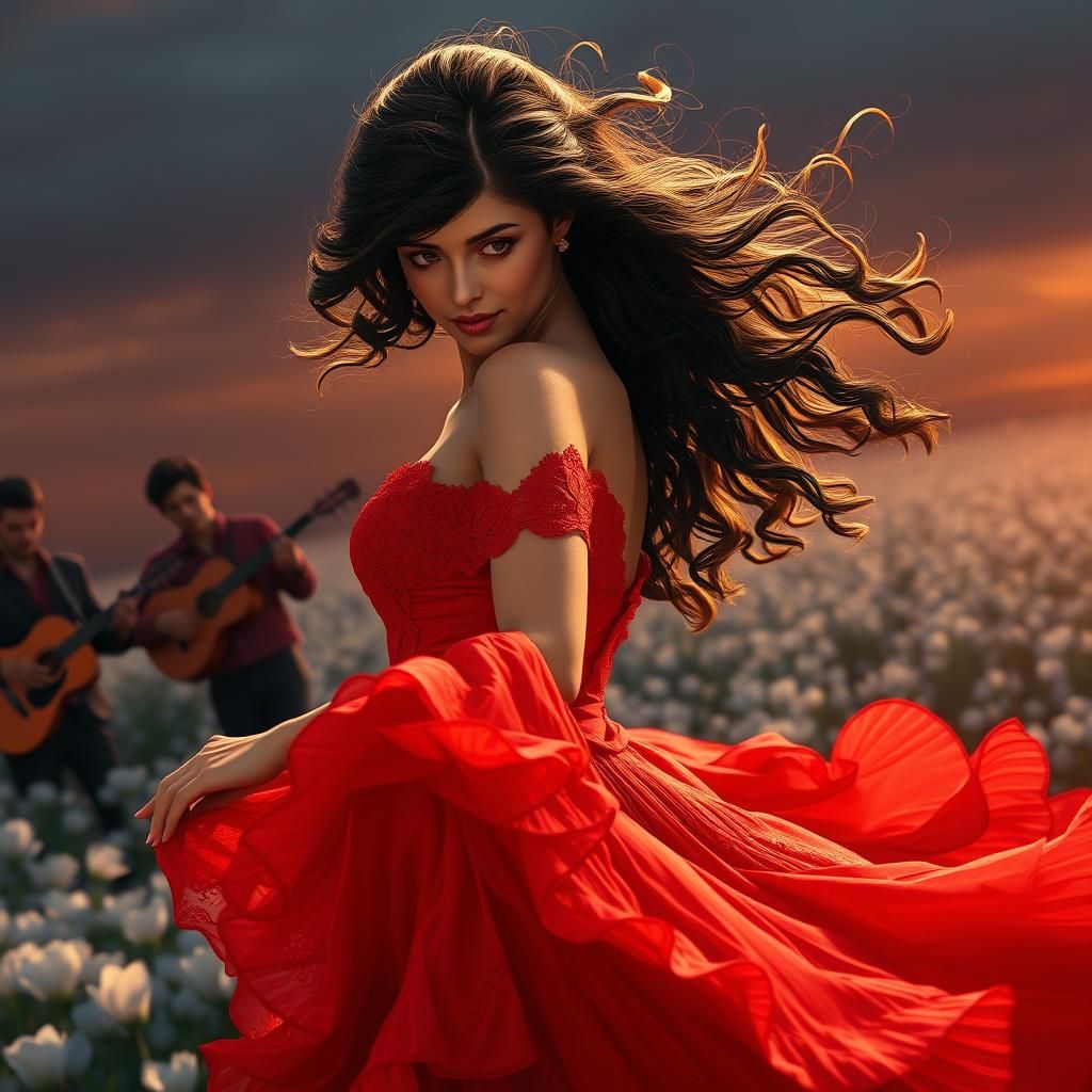 Flamenco Dancer in Radiant, Red Gown amidst Whirlwind of Mot...