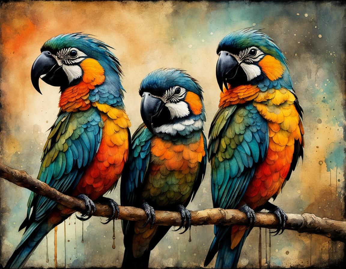 Fantasy Tropical Birds in Warm Colors with Gritty Texture