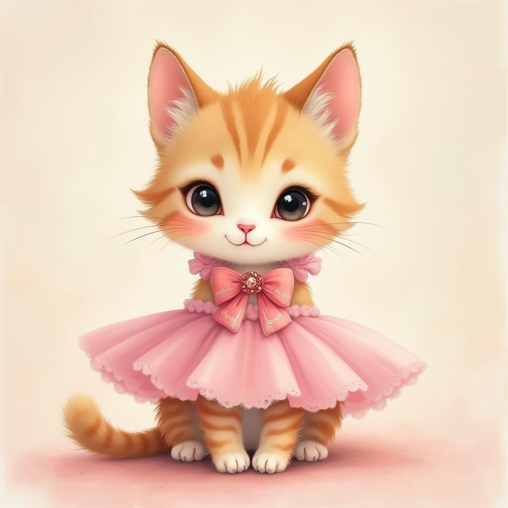 Dinkie Kitty in Pink Dress, Whimsical Art