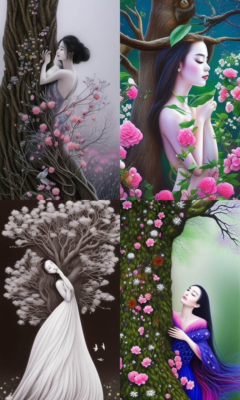 Ethereal Girl Embracing a Tree in Whimsical Fairy Tale Lands...