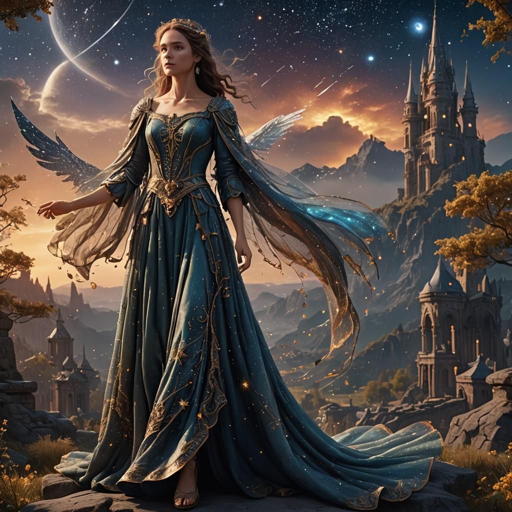 Celestial Angel in Elegant Gown Under the Starry Sky