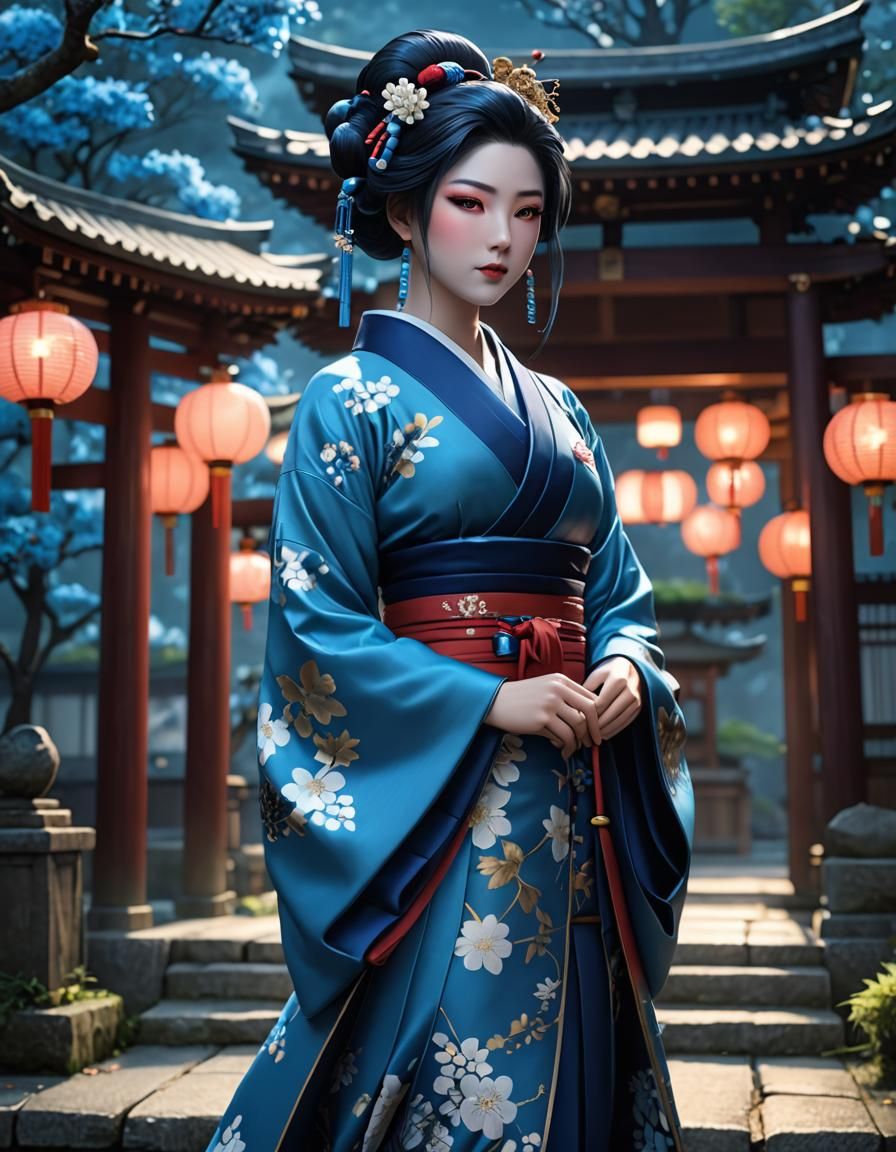 Surreal Japanese Temple Scene with Dreamy Geisha