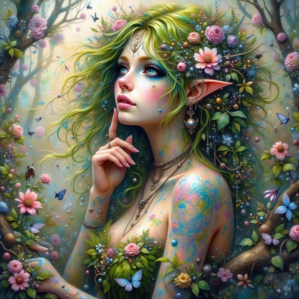 Serene Dryad in Sun-Dappled Forest, Watercolor Style