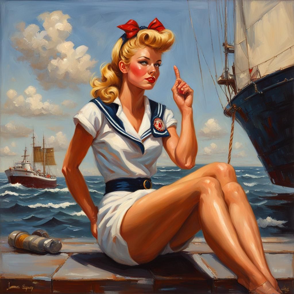 Sultry Sailor Girl with Victory Rolls in Oil Painting