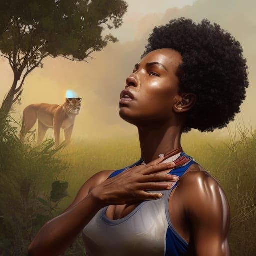 Elegant Huntress in Vibrant African Wilderness