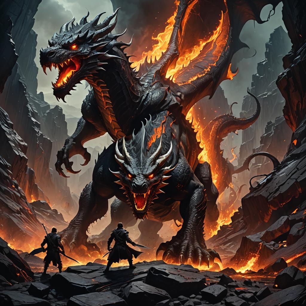 Dragon Battles Hellhound in Blazing, Darkened Realm