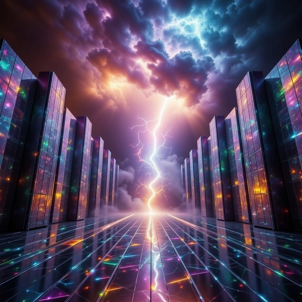 A cosmic thunderstorm with rainbow lightning is erupting ins...