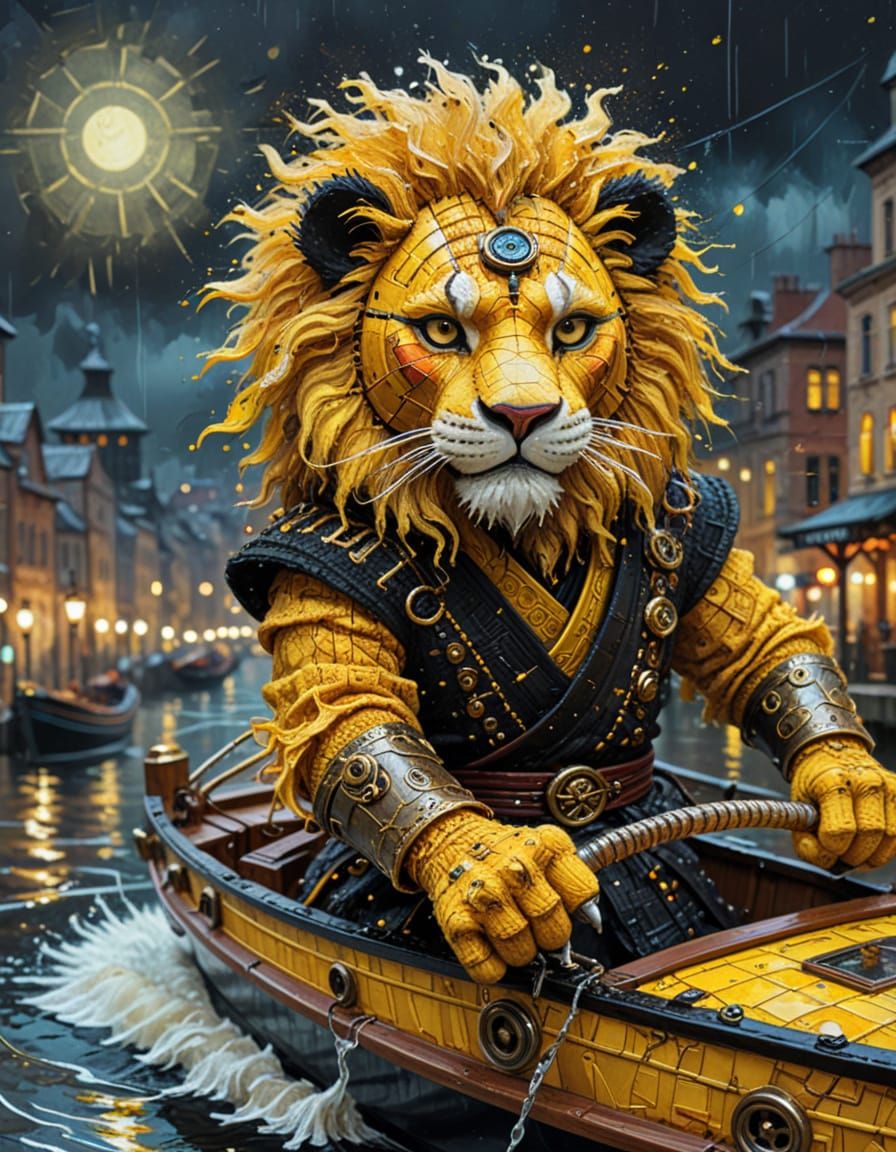 Steampunk Ninja Lion Drives Boat, Klimt-Inspired Art