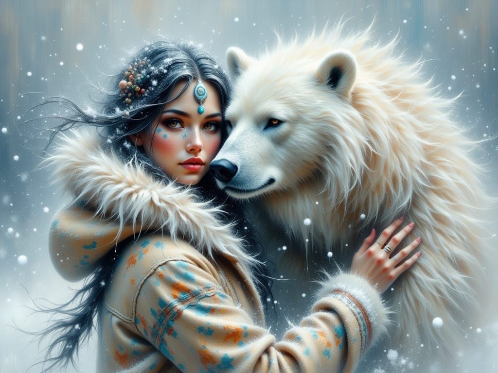 Ethereal Fantasy Art: Arctic Inuit Girl and Polar Bear in Sn...