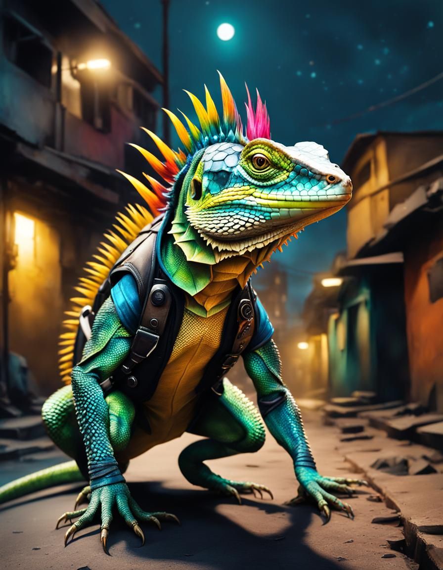 Grunge Punk Lizard Reigns in Futuristic Dystopia Watercolor...