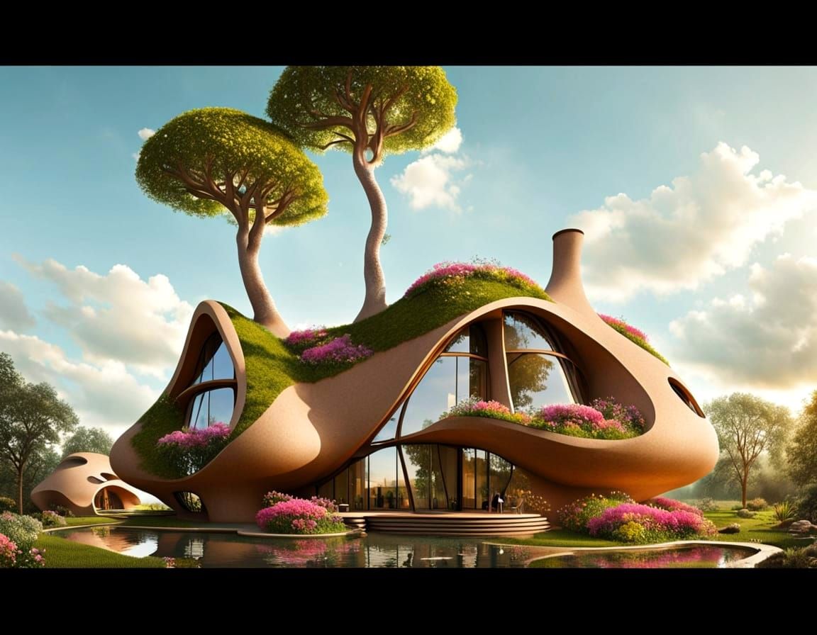 Futuristic Mud House with Hanging Flowers