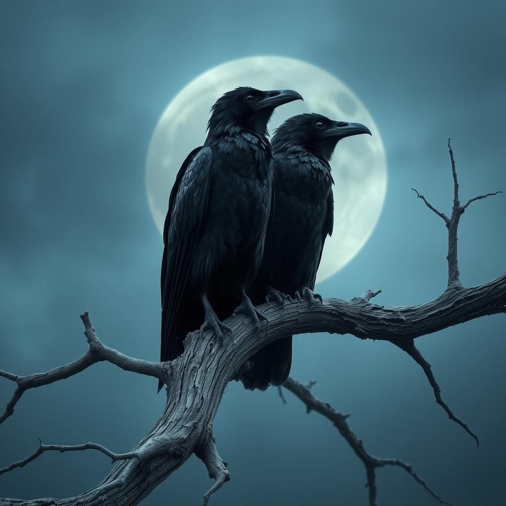 Mystical Ravens Perch on Ancient Tree Branch in Foggy Moonli...
