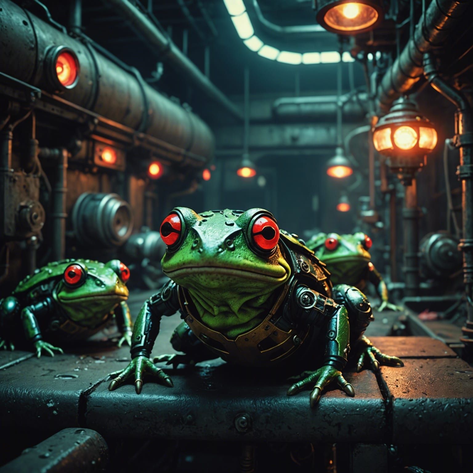 Cyborg Frogs Amidst Neon Luminance