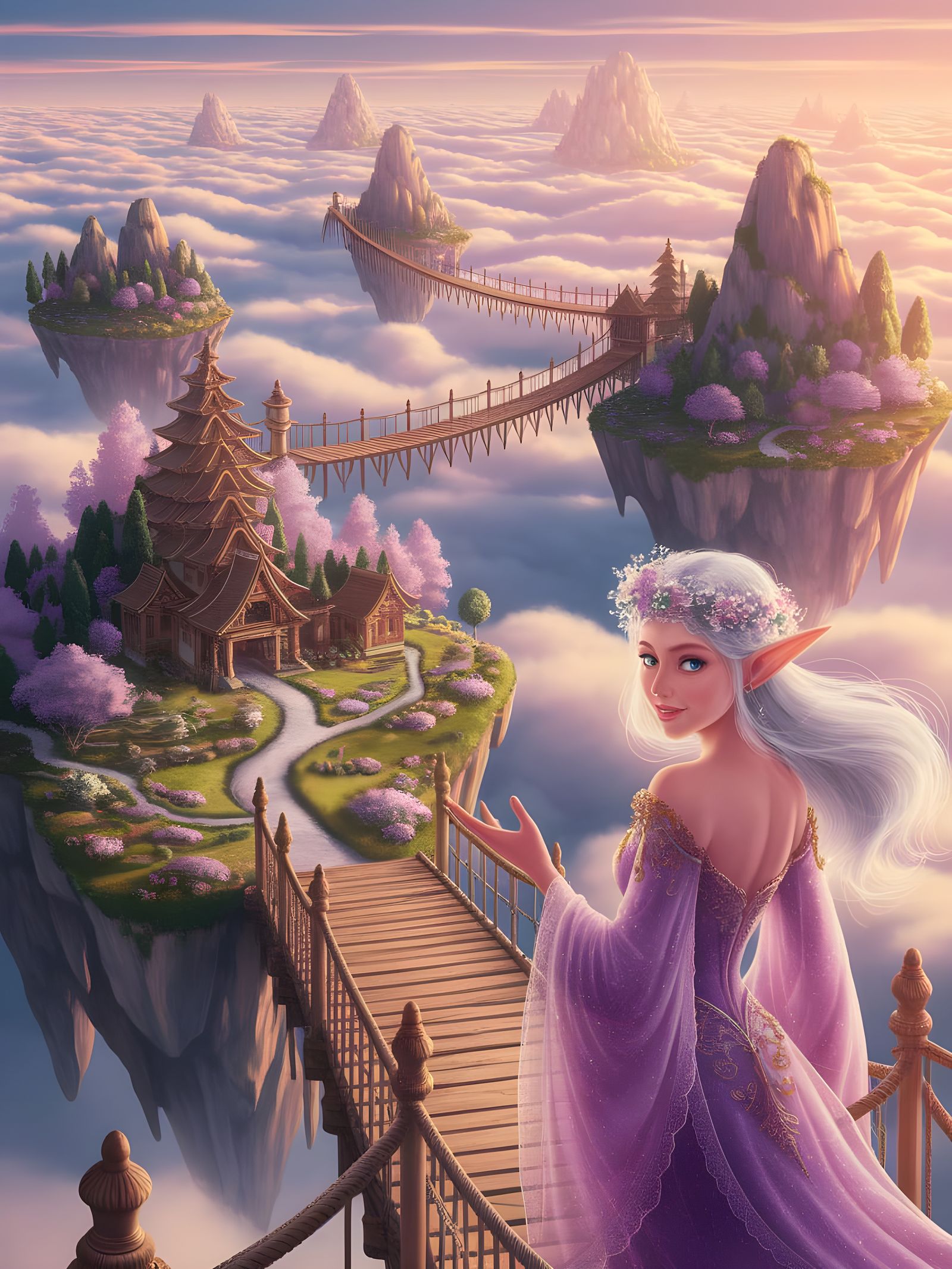 Whimsical Elf on Floating Islands Above Clouds