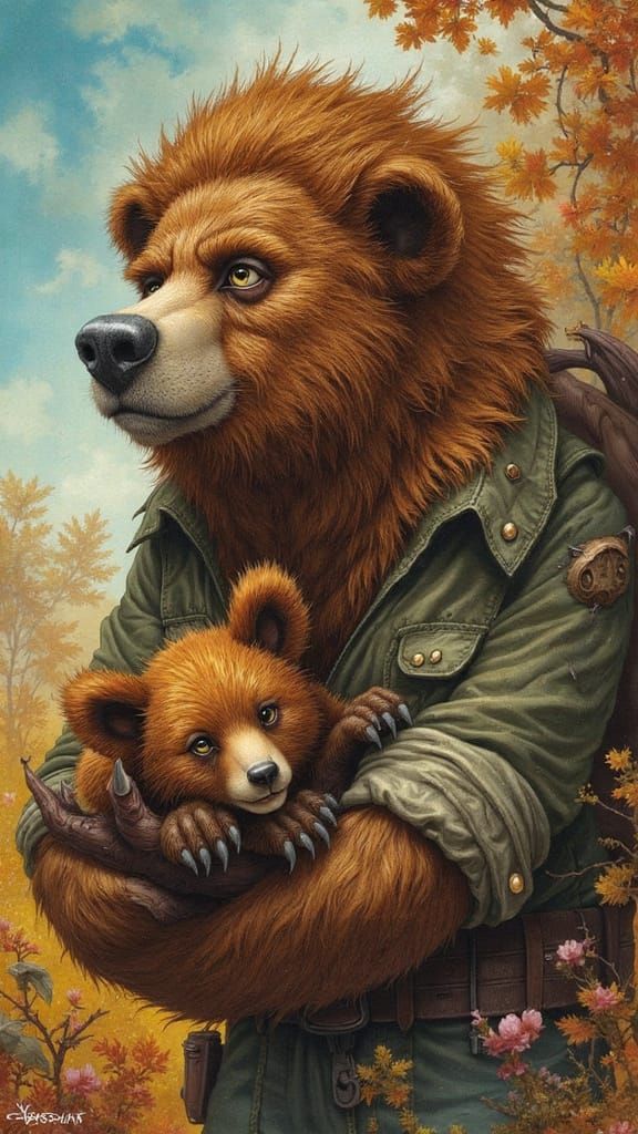 Bear Man and Cub Oil Painting
