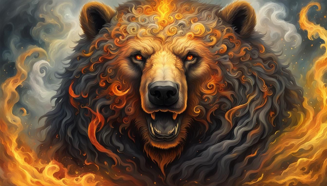 Fantasy Fire Bear in Whirling Flames