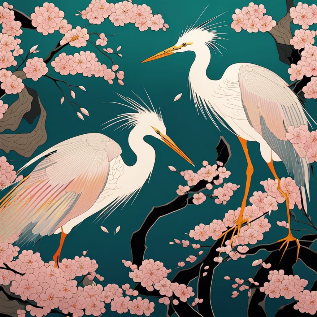 Surreal Cherry Blossom Heron Family in Traditional Japanese....