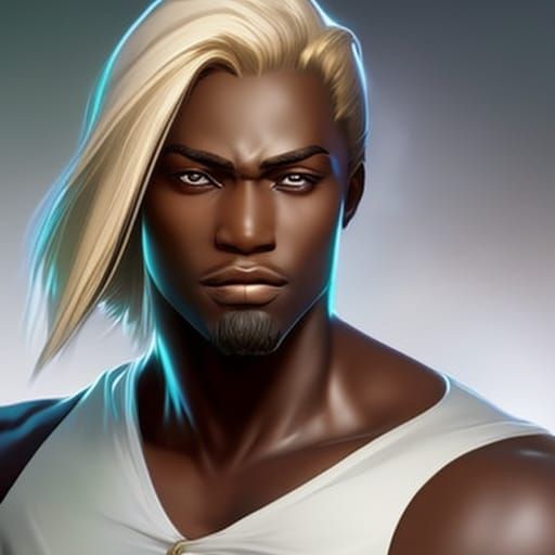 Beautiful  Black man, with  long   stylishly cut hair with blonde streaks ,striking luminous green eyes,dark skin, face,...