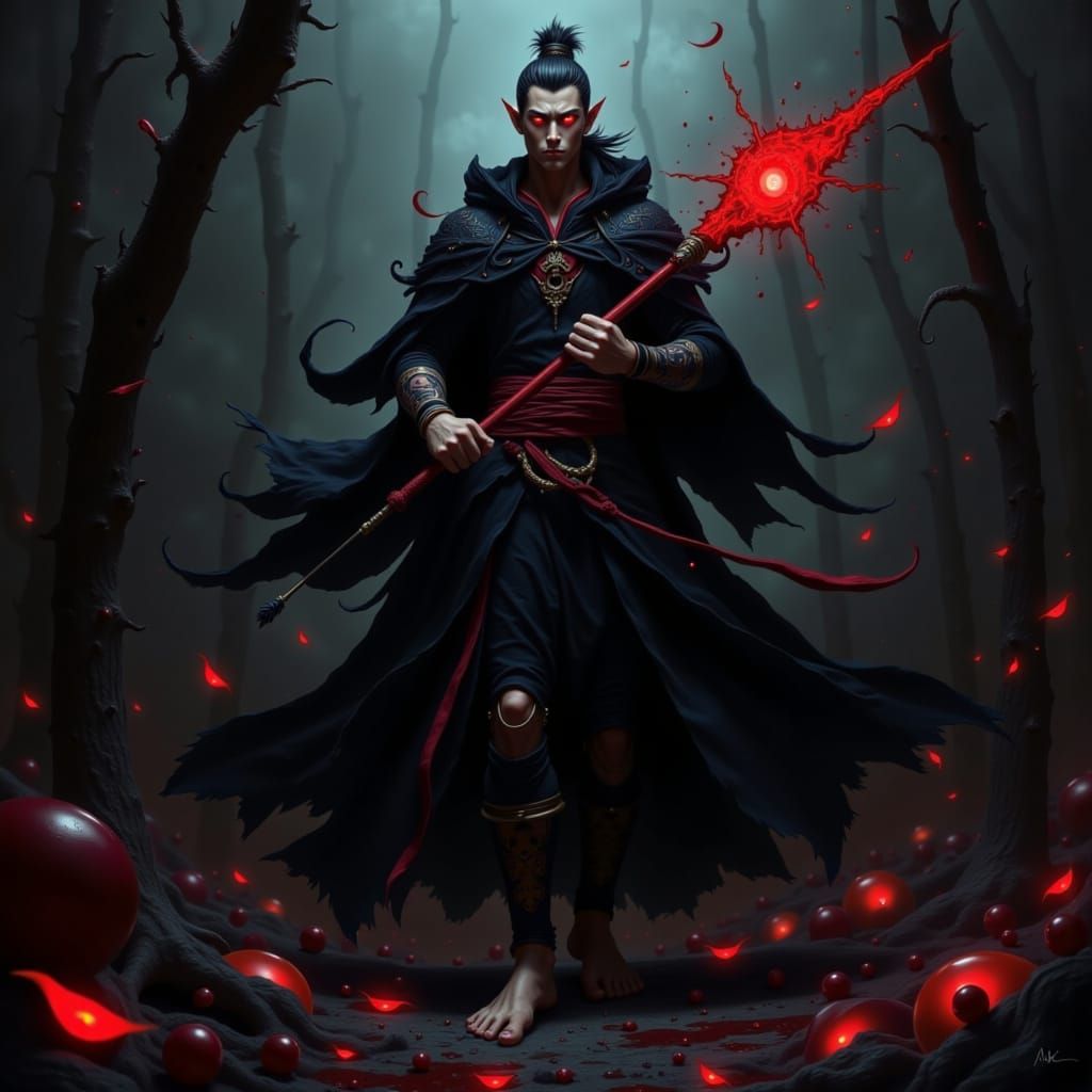 Dark Fantasy Cultivator with Crimson Staff