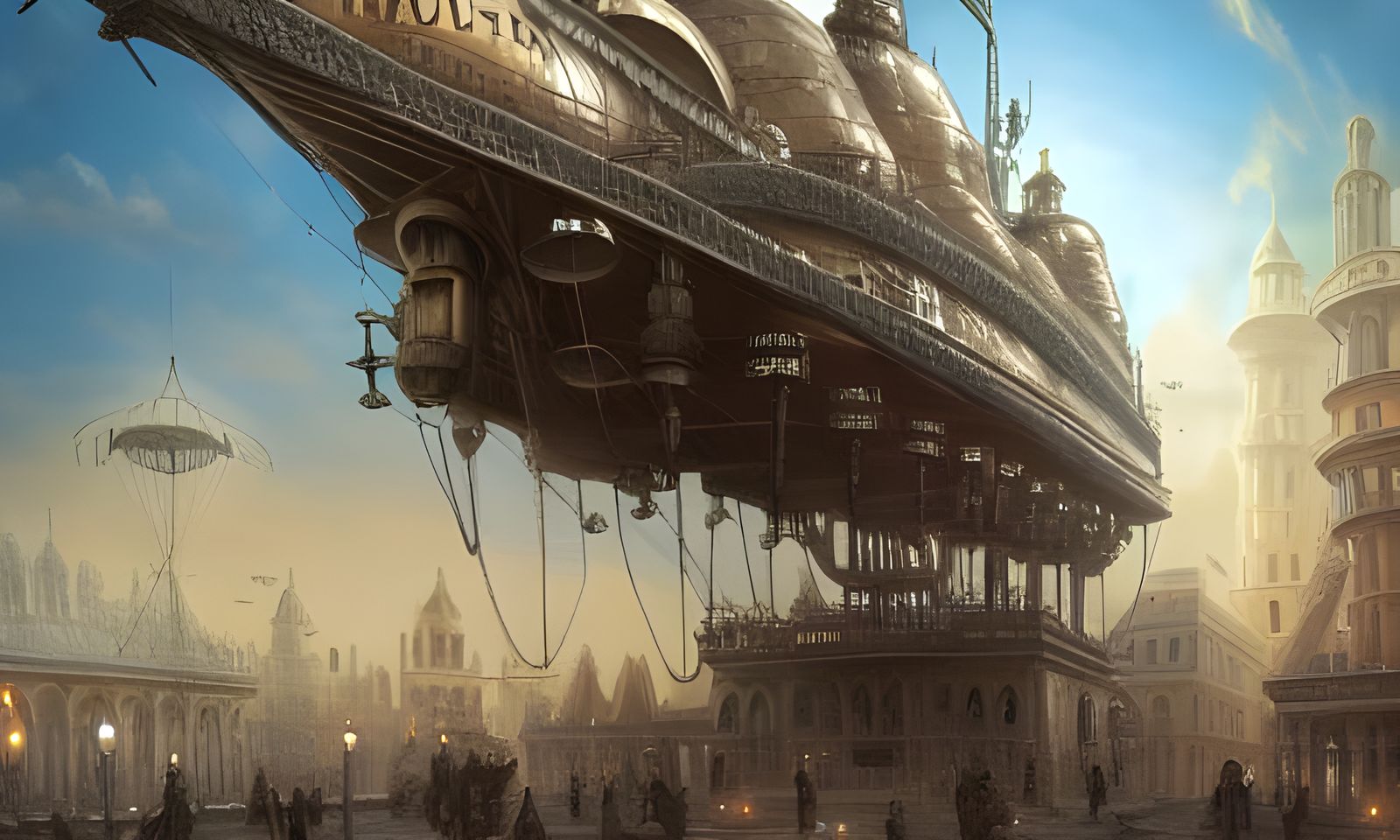 steampunk airship city square