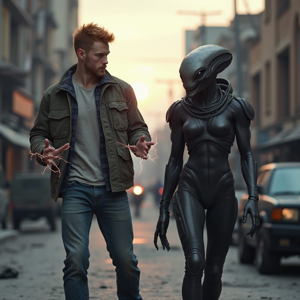 Man Gestures Lightning Beside Alien in Dystopian City