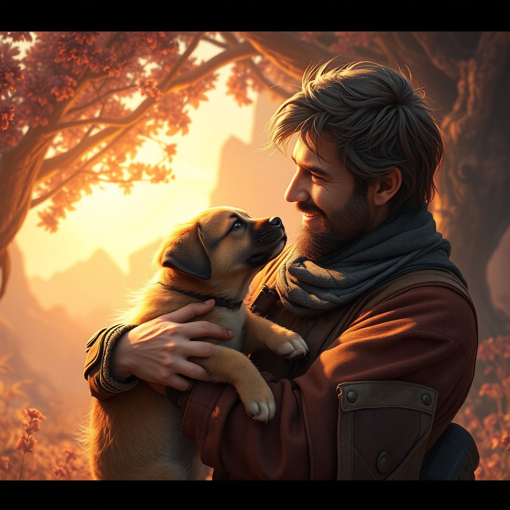 Man and Puppy Locked in a Magical, Golden Moment