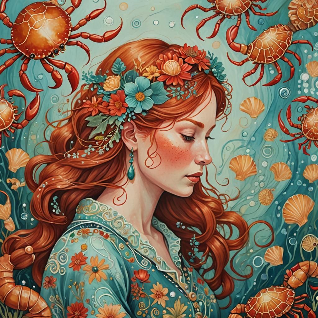 Whimsical Cancer Zodiac Crab in Folk Art Style