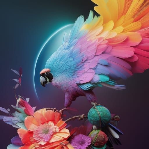 Psychedelic Parrot in Geometric Explosion, Digital Art