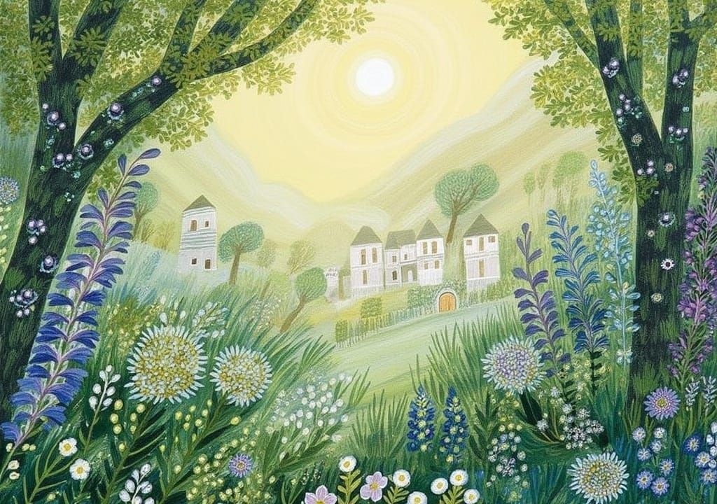 Surreal Landscape of Delicate Flowers in a Monastery Garden