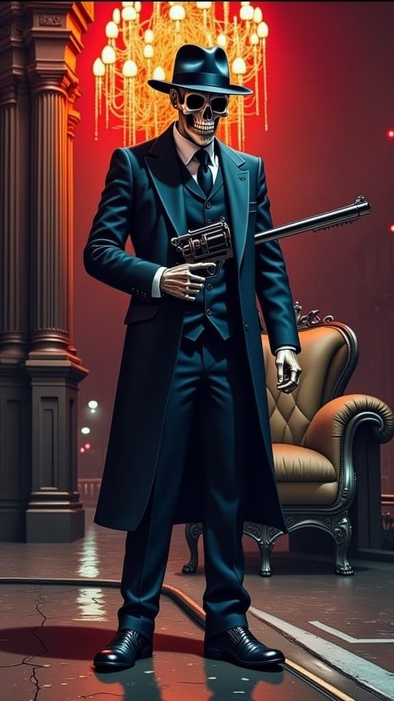 Cyberpunk Skeleton Maverick in Rainy Metropolis