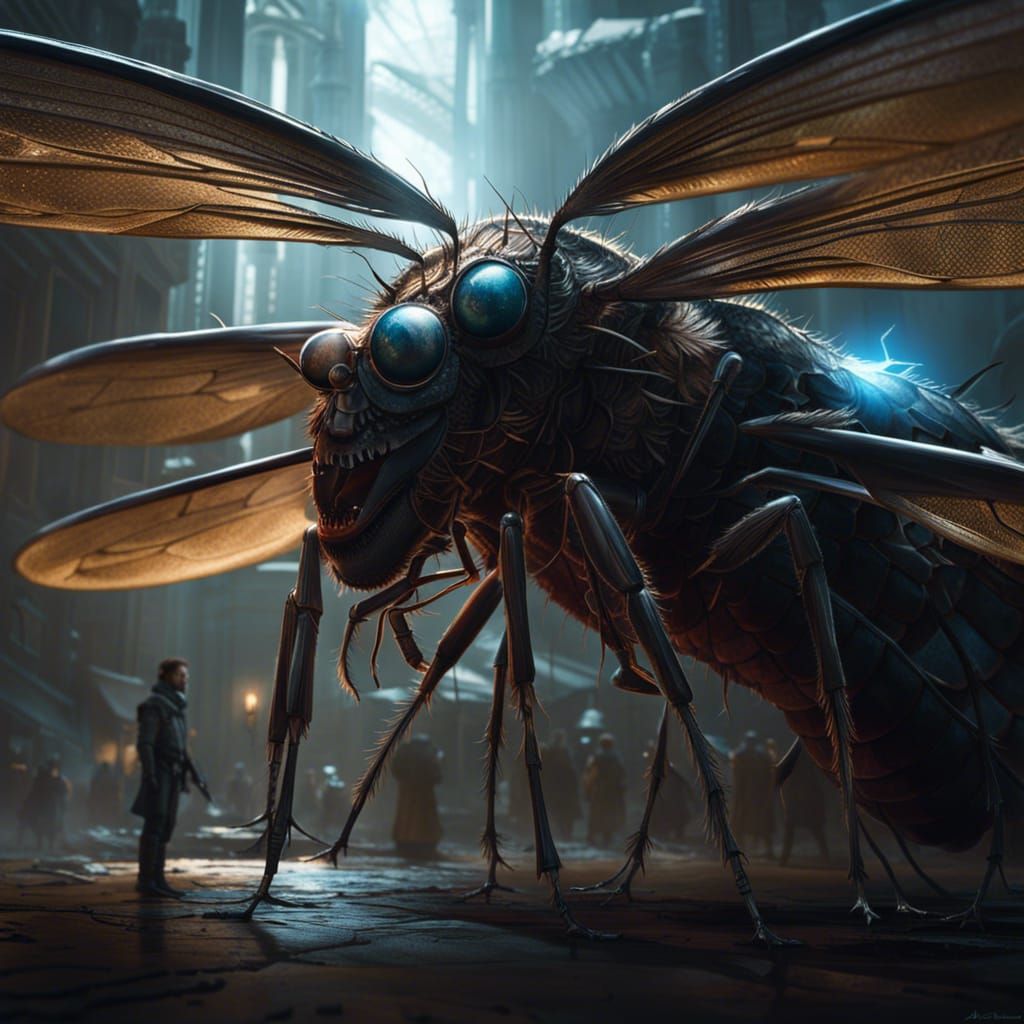 Surreal Giant Mosquito Portrait in Dramatic Lighting