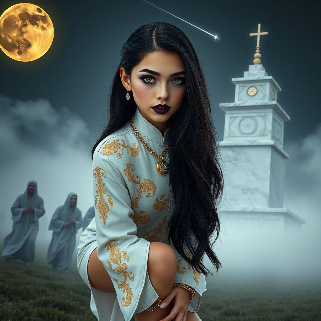 Mystical Girl in Golden Attire Amidst Foggy Landscape