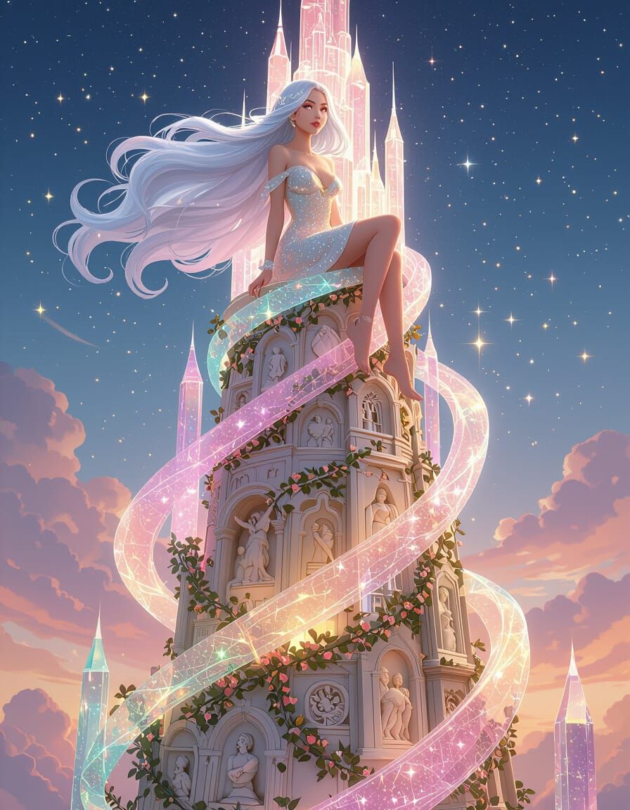 Ethereal Woman on Dream Tower Held by Giant