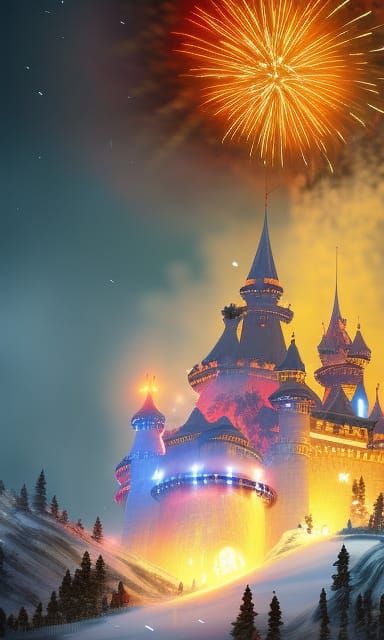 Vibrant Fireworks Illuminates Enchanted Snowy Castle