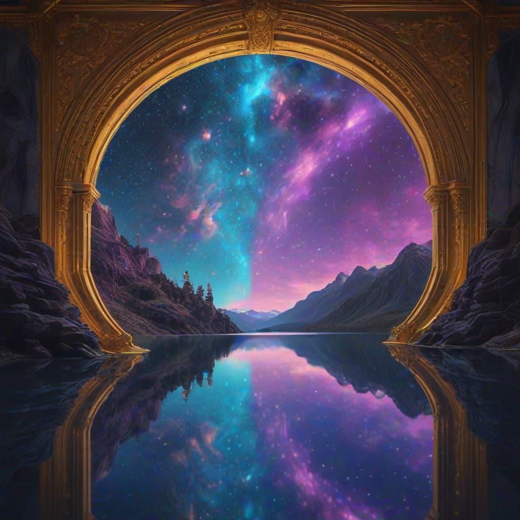 Blue Lake Fantasy Portal in Cosmic Art Style