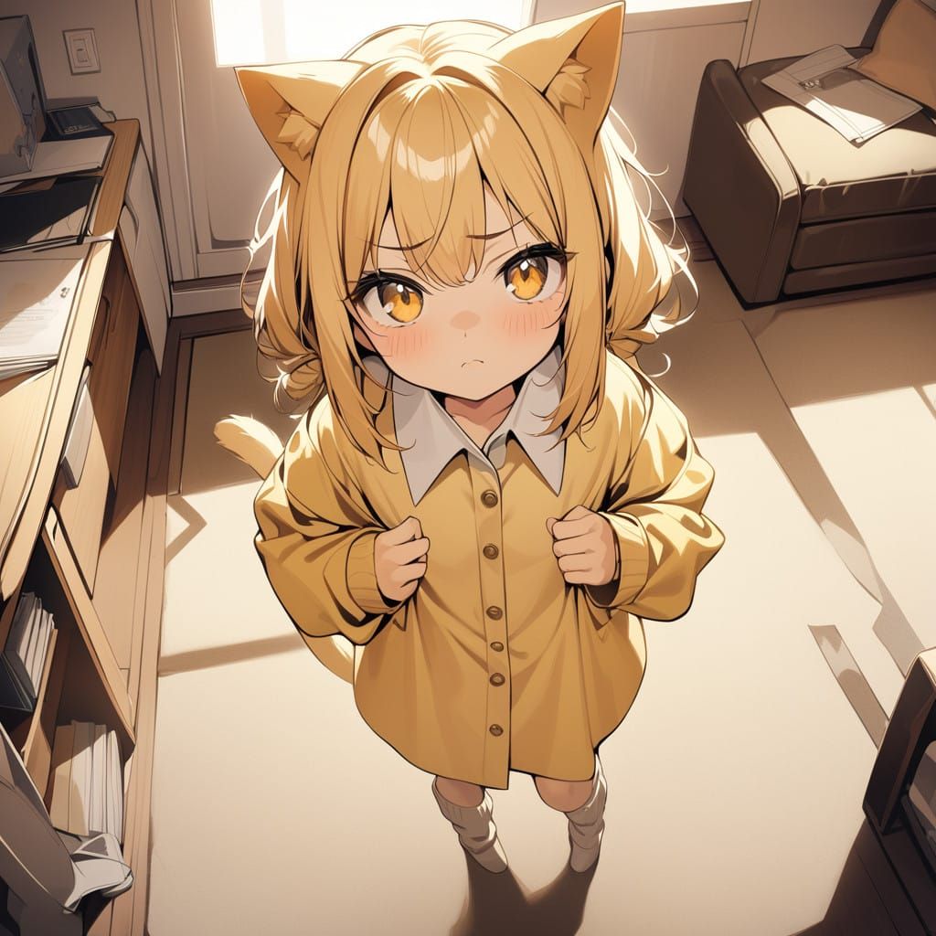 Kawaii Yellow Character Looks Angry in Cozy Living Room