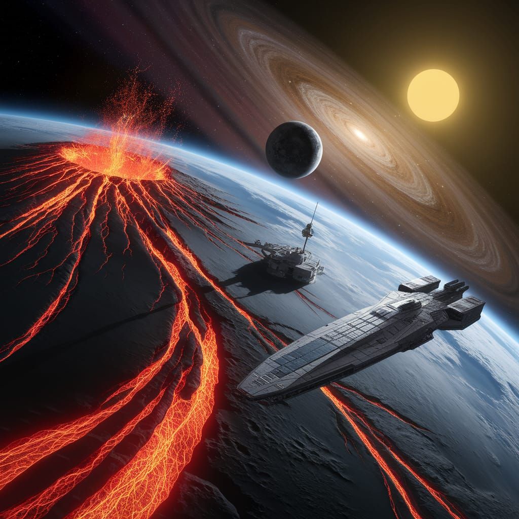 Vibrant Planet Erupts in Volcanic Fury, Beside Tranquil Moon...