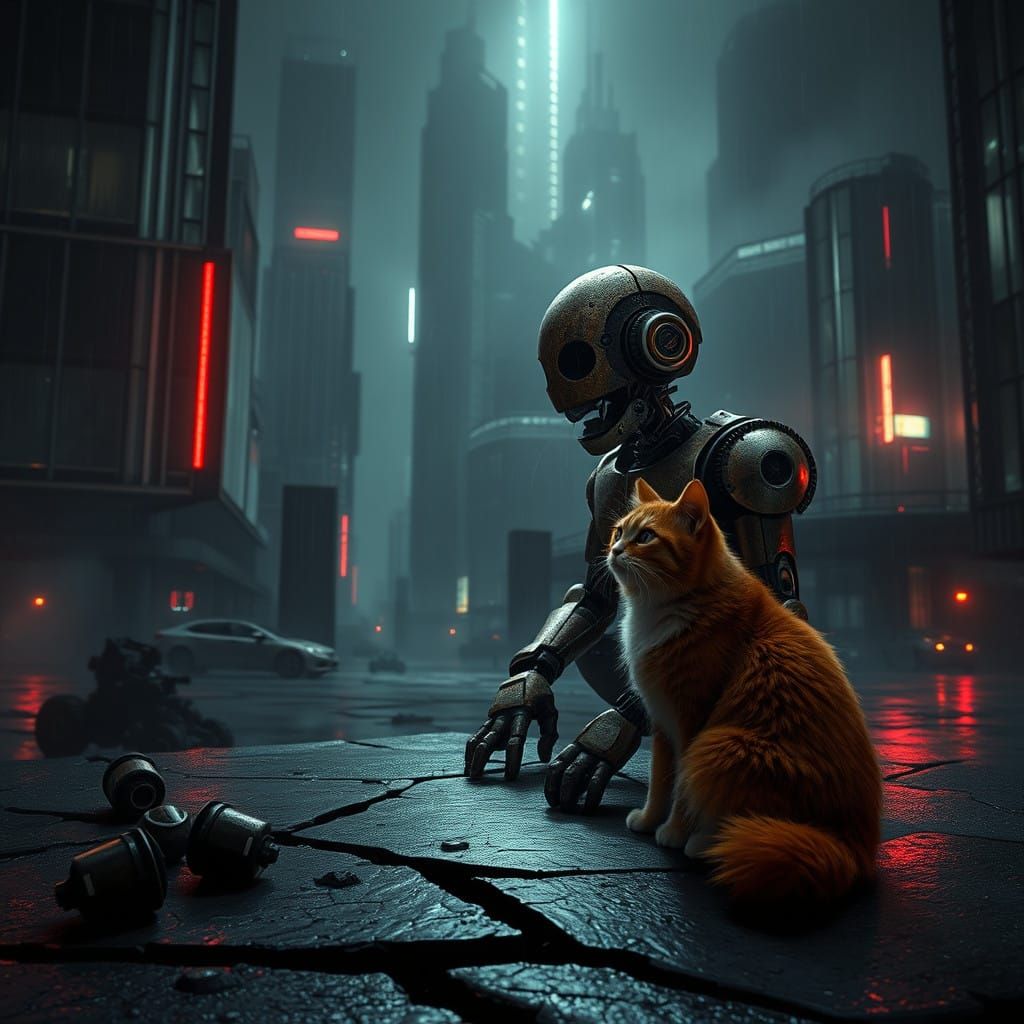 Dystopian Robot's Melancholic Moment with Feline Companion