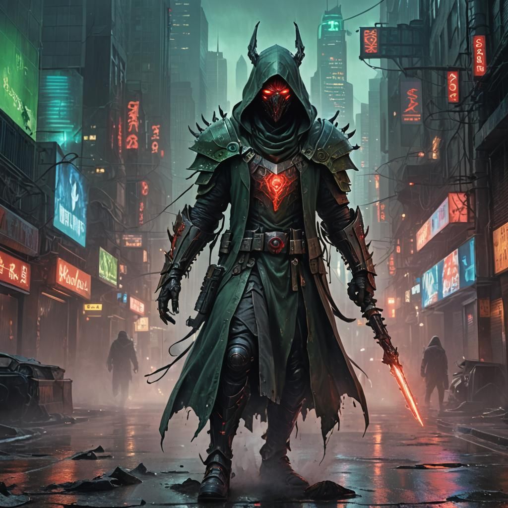 Cyberpunk Warlock in Dystopian Metropolis