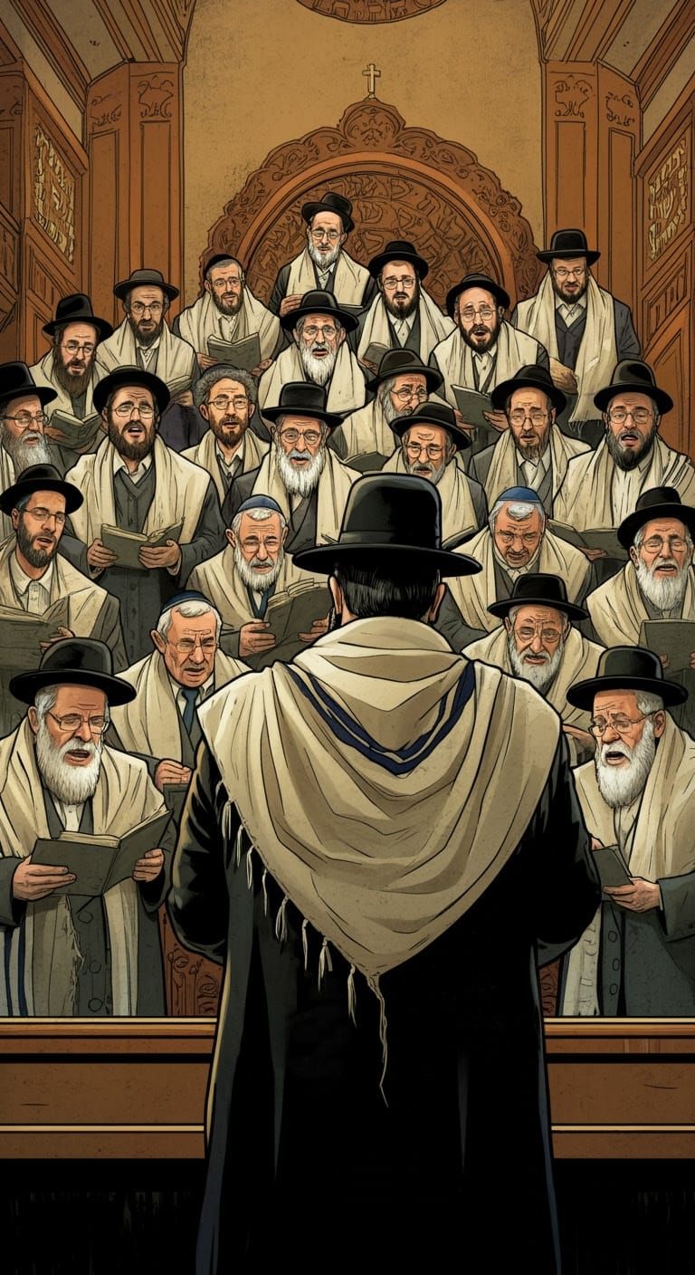 Hasidic Cantor and Choir in Synagogue, Comic Style