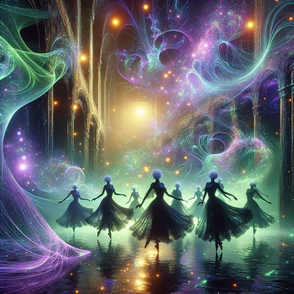 Cyber Dancers in Luminous UV Mist with Magic Masks