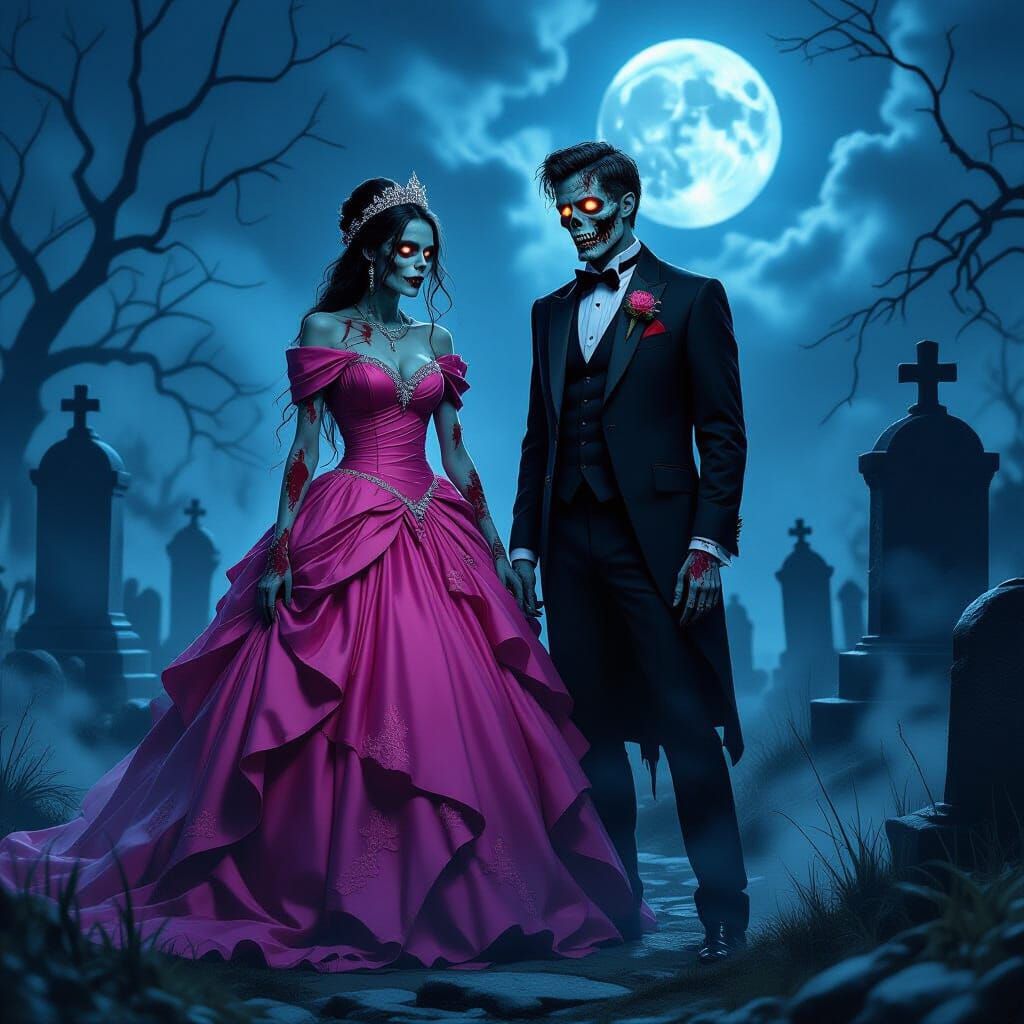 Gothic Zombie Prom Couple in Spooky Cemetery