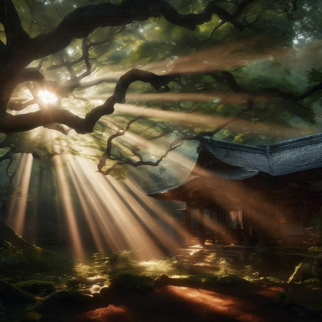 Golden Light Filters Through Dappled Trees in Komorebi Scene