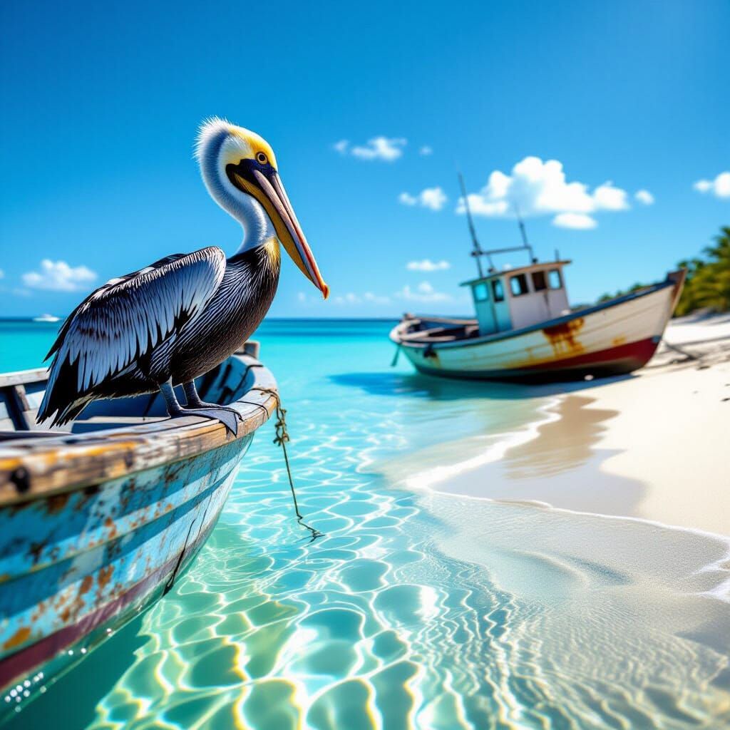 Pelican on Old Boat at Golden Hour