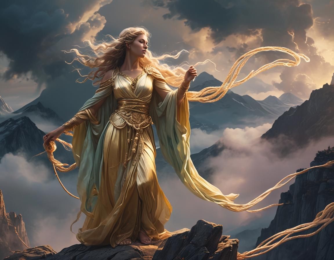 Ethereal Goddess Ascending a Cloudy Peak